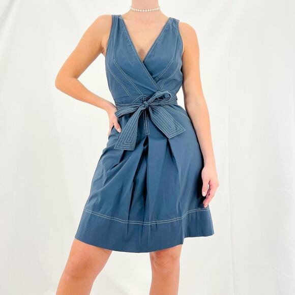 BCBGMaxAzria Mini Dress Women 2 Blue Gray Faux Wrap Tie Waist Pleated Sleeveless - Picture 12 of 13